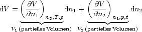      (    )           (    )
dV =   @V--     dn1 +   @V--     dn2
      -@n1  n2,T,p       -@n2 n1,p,t
   V1(partiellesVolumen) V2(partiellesVolumen)
