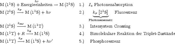   (   )        hn           (   )
M  11S + Energieeinheiten --> M  21S   1.)  Ia Photonenabsorption
M (21S)-k-F--> M (11S)+ hn             2.)   k  [21S]   Fluoreszenz
                                         F-  --
  (   ) k     (   )                    Photonenersatz
M  21S --IS-C--> M  11T                 3.)  Intersystem  Crossing
  ( 1 )     kR   ( 1 )
M (1 T) +kPR ---->( M )1 S              4.)  Bimolekulare Reaktion der Triplet-Zustande
M  11T  ----> M  11S  +hn'            5.)  Phosphoreszenz
