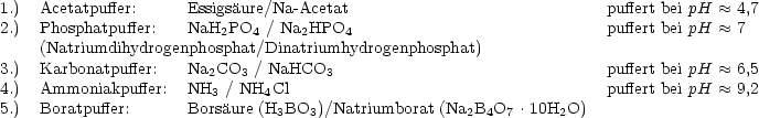 1.)  Acetatpuffer:     Essigsaure/Na-Acetat                             puffert bei pH  ~~  4,7
2.)  Phosphatpuffer:   NaH  PO  / Na HPO                               puffert bei pH  ~~  7
     (Natriumdihydrogenpho2spha4t/Dina2triumh4ydrogenphosphat)
3.)  Karbonatpuffer:  Na  CO  / NaHCO                                 puffert bei pH  ~~  6,5
4.)  Ammoniakpuffer: NH 2 / N3H Cl    3                               puffert bei pH  ~~  9,2
5.)  Boratpuffer:      Bor3saure 4(H  BO )/Natriumborat (Na B O  .10H  O)
                                3  3                 2 4  7     2

