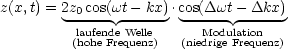 z(x,t) = 2z0cos(wt- kx) .cos(Dwt - Dkx)
         ------------  ------ ------
         (lahuohfeen Fdreeq Wueellnez)  (niMedordiguel Fatrioeqnuenz)
