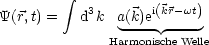          integral  3       i(kr-wt)
Y(r,t) =  d k  a(k)e  ----
              Harmonische Welle
