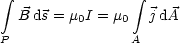  integral                integral 
  B ds = m0I = m0  jdA
P               A
