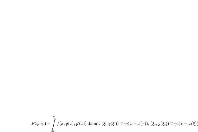          q integral r
F(f,y) =   f(x,y(x),y'(x))dx mit (ql,y(ql))  (-  gl(x = x(t)), (qr,y(qr))  (-  gr(x = x(q))
         ql
