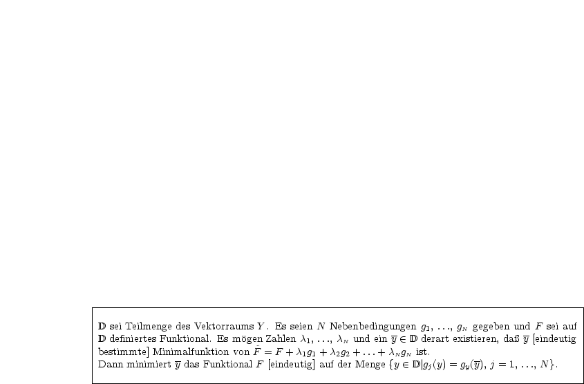 |----------------------------------------------------------------------------------------|
|                                                                                        |
|D sei Teilmenge des Vektorraums Y. Es seien N Nebenbedingungen g1, ..., gN gegeben und F sei auf
|D definiertes Funktional. Es mogen Zahlen c1, ..., cN und ein y  (-  D derart existieren, da y [eindeutig
|bestimmte] Minimalfunktion von ~F = F + c1g1 + c2g2 + ...+ cNgN ist.                          |
|Dann minimiert y das Funktional F [eindeutig] auf der Menge {y  (-  D|gj(y) = gy(y), j = 1, ..., N}.
-----------------------------------------------------------------------------------------
