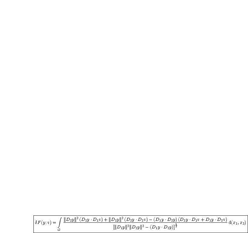 |--------- integral -----2------------------2---------------------------------------------------|
dF (y;v) =   ||D2y-||-(D1y-.D1v)-+-||D1y||-(D2y-.D2v)--(D1y-.D2y)1(D2y-.D1v-+-D1y.D2v)-d(x1,x2)|
|                                [|| D1y||2||D2y ||2- (D1y .D2y)]2                            |
----------G------------------------------------------------------------------------------
