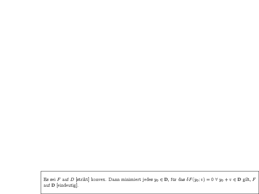 |----------------------------------------------------------------------------------------|
|Es sei F auf D [strikt] konvex. Dann minimiert jedes y   (-  D, fur das dF (y ;v) = 0  A  y + v  (-  D gilt, F
|auf D [eindeutig].                              0               0         0               |
|                                                                                        |
-----------------------------------------------------------------------------------------
