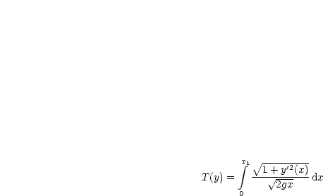        integral x1 V~ 1-+-y'2(x)
T(y) =   -- V~ ------dx
      0      2gx
