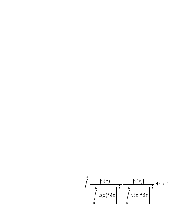  integral b    |u(x)|        |v(x)|
   |_ --------- _| 12  |_ ------- _| -12 dx < 1
a    integral b   2       integral b   2
   |_   u(x) dx _|   |_  v(x) dx _| 
    a            a
     