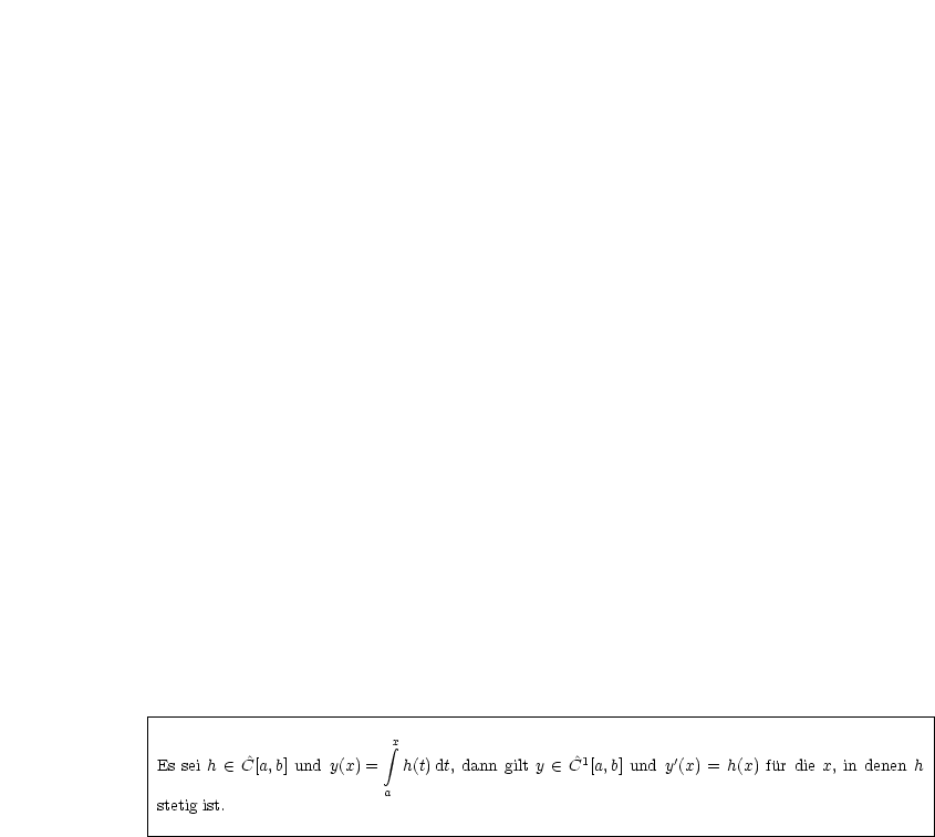 -----------------------------------------------------------------------------------------
|                                                                                        |
|                          integral x                                                            |
|Es sei h  (-  C^[a,b] und y(x) = h(t)dt, dann gilt y  (-  C^1[a,b] und y'(x) = h(x) fur die x, in denen h|
|                         a                                                              |
|stetig ist.                                                                                |
-----------------------------------------------------------------------------------------
