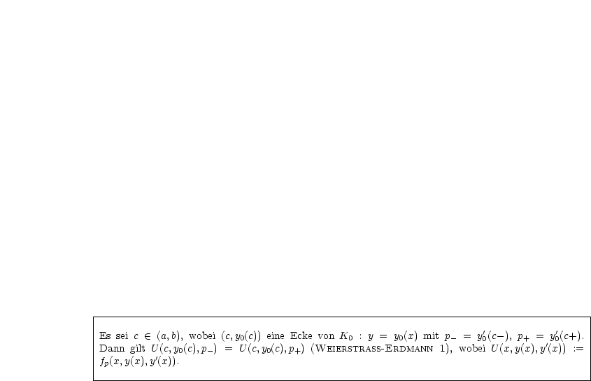 |----------------------------------------------------------------------------------------|
|Es sei c  (-  (a,b), wobei (c,y (c)) eine Ecke von K : y = y (x) mit p  = y'(c-), p  = y'(c+). |
|Dann gilt U (c,y (c),p ) =  0U(c,y(c),p ) (WEIERS0TRASS -ER0DMANN   1),-wobe0i U(x,y(+x),y'(0x)) := |
|f (x,y(x),y'(x))0.    -          0    +                                                    |
| p                                                                                      |
-----------------------------------------------------------------------------------------
