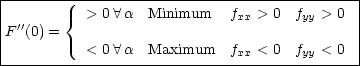 |--------------------------------------------|
| ''     { > 0  A a Minimum   fxx > 0  fyy > 0  |
F  (0) =                                      |
----------<-0- A a-Maximum---fxx-<-0--fyy-<-0--|
