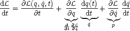 dL-= @L(q, ˙q,t)-+ @L dq(t)+ @L- d˙q
dt      @t       @q  dt-   @q˙ dt
                d-@L-  ˙q     p
                dt@˙q
