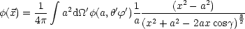           integral 
      -1-   2   '    ' '1------(x2--a2)------
f(x) = 4p  a d_O_ f(a,hf )a (x2 + a2- 2axcosg)32
