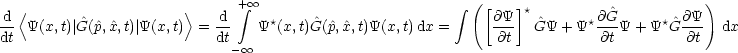  d <                    >   d + integral  oo                          integral  ([@Y ]*        @G^        @Y )
--  Y(x,t)| ^G(^p,^x,t)| Y(x,t) = --   Y*(x,t)G^(^p,^x,t)Y(x,t)dx =     ---  G^Y  + Y*---Y + Y*^G ---  dx
dt                          dt-  oo                               @t           @t        @t
