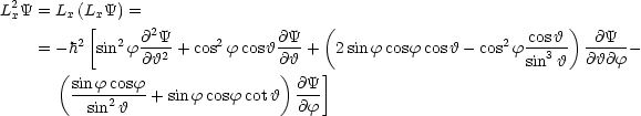 L2Y = Lx(LxY) =
 x        [      2                  (                           )
    = -h2  sin2f @Y--+ cos2f cosh@Y-+   2sin fcosf cosh - cos2 f cos3h  -@Y---
      (         @h2            @)h   ]                      sin  h  @h@f
        sinf-cosf-                @Y-
          sin2h   + sinf cosfcoth  @f 