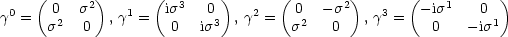  0   ( 0  s2)   1  (is3   0 )   2  ( 0  - s2)   3  ( -is1   0  )
g  =  s2   0  , g =   0  is3 , g =   s2   0   , g =   0    -is1
